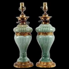 Th odore Deck Pair of French Theodore Deck Ormolu Mounted Celadon Porcelain Lamps - 3865338