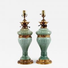 Th odore Deck Pair of French Theodore Deck Ormolu Mounted Celadon Porcelain Lamps - 3890346