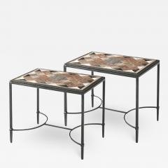 Theodore Alexander English Regency Style Pair of Cocktail or Side Tables Iron Bronze Mixed Marbles - 2549466