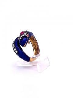 This 18K Snake Ring Cobalt Blue Enamel Rubies Diamonds - 3461914