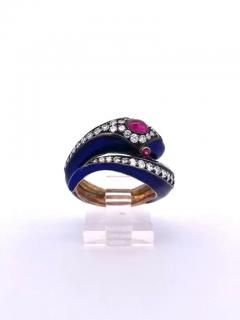 This 18K Snake Ring Cobalt Blue Enamel Rubies Diamonds - 3461928