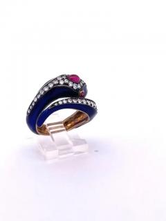 This 18K Snake Ring Cobalt Blue Enamel Rubies Diamonds - 3461929