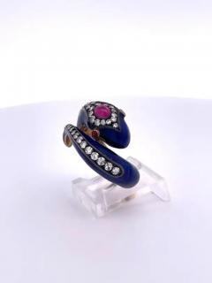 This 18K Snake Ring Cobalt Blue Enamel Rubies Diamonds - 3461930