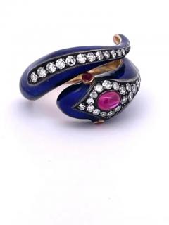 This 18K Snake Ring Cobalt Blue Enamel Rubies Diamonds - 3461970