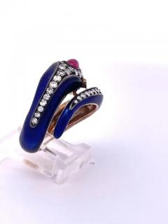 This 18K Snake Ring Cobalt Blue Enamel Rubies Diamonds - 3462108