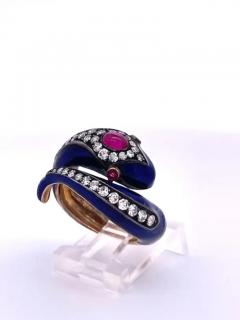 This 18K Snake Ring Cobalt Blue Enamel Rubies Diamonds - 3462113