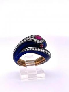 This 18K Snake Ring Cobalt Blue Enamel Rubies Diamonds - 3462119