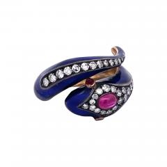 This 18K Snake Ring Cobalt Blue Enamel Rubies Diamonds - 3572134