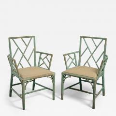 Thomas Chippendale George 111 Period Chinese Chippendale Pair of Green Painted Faux Bamboo Chairs - 2832993