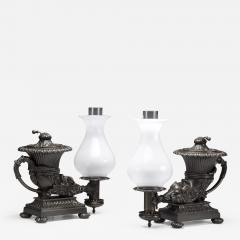 Thomas Messenger Sons Pair of Bronze Argand Lamps in the form of Anciet Rhytons - 384908