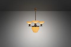 Three Arm Metal and Opal Glass Chandelier with Stepped Shade Europe 1930s - 4174353