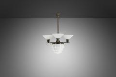 Three Arm Metal and Opal Glass Chandelier with Stepped Shade Europe 1930s - 4174354