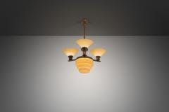 Three Arm Metal and Opal Glass Chandelier with Stepped Shade Europe 1930s - 4174355