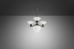 Three Arm Metal and Opal Glass Chandelier with Stepped Shade Europe 1930s - 4174356