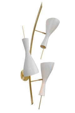 Three Brass and White Metal Shade Midcentury Style Sconces - 1256773