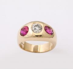 Three Stone Diamond and Natural Ruby Gold Ring - 4011292