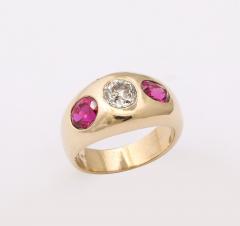 Three Stone Diamond and Natural Ruby Gold Ring - 4011293