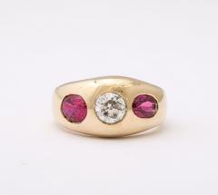 Three Stone Diamond and Natural Ruby Gold Ring - 4011294