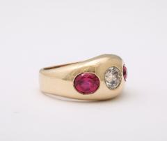 Three Stone Diamond and Natural Ruby Gold Ring - 4011295