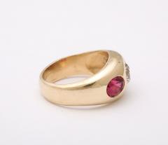 Three Stone Diamond and Natural Ruby Gold Ring - 4011296