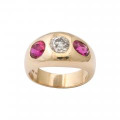 Three Stone Diamond and Natural Ruby Gold Ring - 4014694