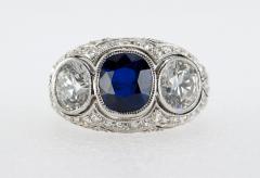 Three Stone Natural Sapphire and Diamond Platinum Ring Circa 1930s - 181515