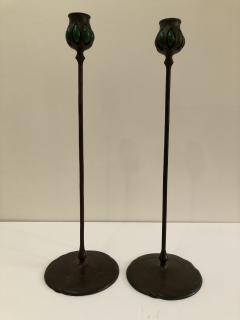 Tiffany Studios Pair Tiffany Studios bronze green favril glass Candlesticks - 1372521