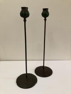 Tiffany Studios Pair Tiffany Studios bronze green favril glass Candlesticks - 1372523