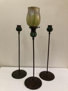 Tiffany Studios Pair Tiffany Studios bronze green favril glass Candlesticks - 1372528