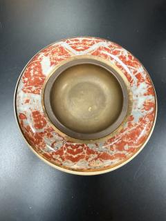 Tommaso Barbi Ceramic and Brass Centerpiece Bowl with Red Marbleized Glaze - 4297451