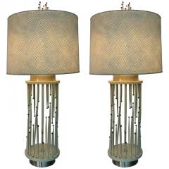 Tommi Parzinger MID CENTURY MODERNIST WHITE WOOD AND BRASS BALL LAMPS WITH ORIGINAL SHADES - 3419541