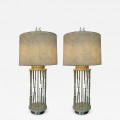 Tommi Parzinger MID CENTURY MODERNIST WHITE WOOD AND BRASS BALL LAMPS WITH ORIGINAL SHADES - 3423673
