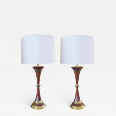 Tony Paul A Shapely Pair of American Mid century Walnut and Brass Hour glass shaped Lamps - 1292716