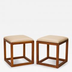 Tony Paul Pair Of Tony Paul Gray Leather Upholstered Wooden Cube Stool With Slide Tray - 3178145