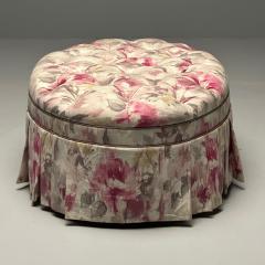 Traditional Oval Tufted Ottoman or Pouf Tie Dye Floral Fabric Wood USA 2010s - 3494678
