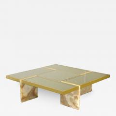 Travertine Base Brass and Mirrored Glass Cocktail Table - 409567