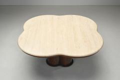 Travertine and Wood Coffee Table France 1970s - 4391540