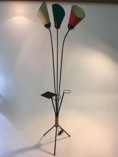 Tri Color 1950s Italian Modernist Black Iron Brass and Rope Tripod Floor Lamp - 419881