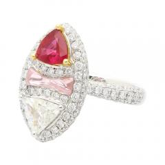 Trilliant Cut Burma Ruby and Diamond Long Oval Shaped Toi Et Moi Ring - 3552783