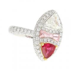 Trilliant Cut Burma Ruby and Diamond Long Oval Shaped Toi Et Moi Ring - 3552785
