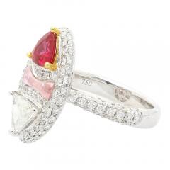 Trilliant Cut Burma Ruby and Diamond Long Oval Shaped Toi Et Moi Ring - 3552786