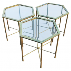 Trio 3 Solid Brass Faux Bamboo Mastercraft Hexagonal Side Tables Mid Century - 2851697