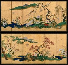 Tsurusawa Tangei Japanese Screen Pair 18th Century Flowers Birds of the Four Seasons - 4696726