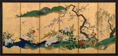 Tsurusawa Tangei Japanese Screen Pair 18th Century Flowers Birds of the Four Seasons - 4696729
