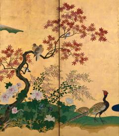 Tsurusawa Tangei Japanese Screen Pair 18th Century Flowers Birds of the Four Seasons - 4696732