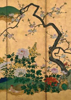 Tsurusawa Tangei Japanese Screen Pair 18th Century Flowers Birds of the Four Seasons - 4696736