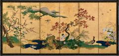 Tsurusawa Tangei Japanese Screen Pair 18th Century Flowers Birds of the Four Seasons - 4696737