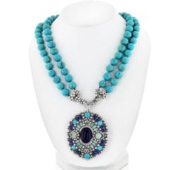 Turquoise 14K White Gold Turquoise Sapphires Diamonds Opals Necklace - 4400021