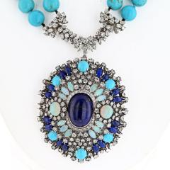 Turquoise 14K White Gold Turquoise Sapphires Diamonds Opals Necklace - 4400063