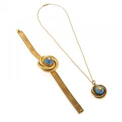 Turquoise Enamel Diamond and Pearl Pendant Necklace and Bracelet - 3042894